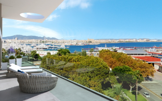 High-end luxury apartment with breathtaking sea views, wellness & lounge areas in the indoor & outdoor pool at the port of Palma
