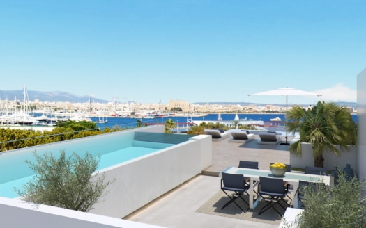High-end luxury apartment with breathtaking sea views, wellness & lounge areas in the indoor & outdoor pool at the port of Palma